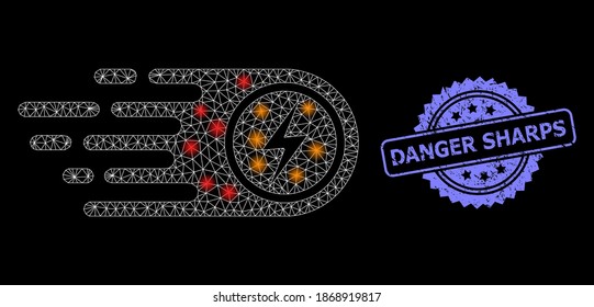 Glowing mesh web electrical power with lightspots, and Danger Sharps grunge rosette stamp. Illuminated vector constellation created from electrical power icon.