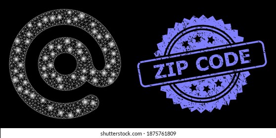 Glowing mesh web email symbol with glowing spots, and Zip Code textured rosette seal imitation. Illuminated vector model created from email symbol icon.