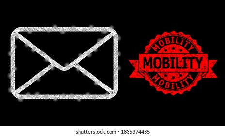 Glowing mesh web envelope with light spots, and Mobility grunge ribbon stamp. Red stamp contains Mobility caption inside ribbon.