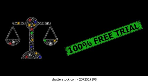 Glowing mesh web equilibrium weight with vibrant light dots, and grunge 100 discount Free Trial seal stamp. Green stamp seal has 100 discount Free Trial text inside framed rectangle.