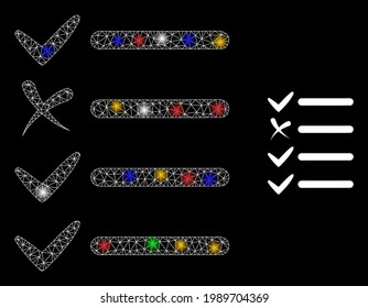 Glowing mesh web exam list with multicolored bright dots. Illuminated vector carcass created from exam list pictogram. Sparkle carcass mesh exam list, on a black backgound.