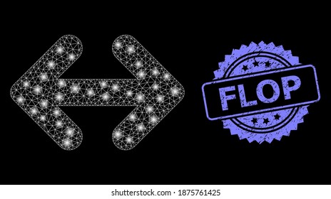 Glowing mesh web exchange arrows horizontally with glowing spots, and Flop rubber rosette stamp seal. Illuminated vector model created from exchange arrows horizontally icon.