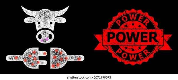 Glowing mesh web farm power supply with lightspots, and Power rubber ribbon stamp seal. Red stamp seal contains Power tag inside ribbon.