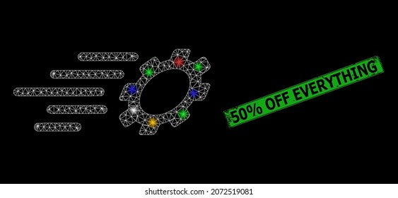 Glowing mesh web fast gear with vibrant flash nodes, and grunge 50 discount Off Everything seal stamp. Green stamp has 50 discount Off Everything text inside framed rectangle.