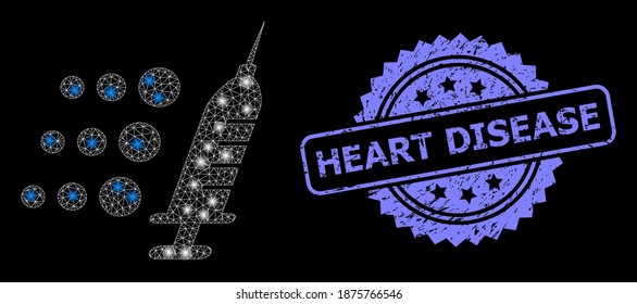 Glowing mesh web fast vaccine with glowing spots, and Heart Disease textured rosette seal. Illuminated vector constellation created from fast vaccine icon.