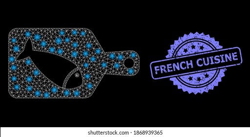 Glowing mesh web fish cutting board with glowing spots, and French Cuisine grunge rosette seal imitation. Illuminated vector constellation created from fish cutting board icon.