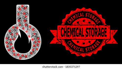 Matraz inflamable de malla brillante con manchas de luz y huella de sellado de cinta rayada por Almacenamiento químico. El sello rojo incluye el título de Almacenamiento químico dentro de la cinta.