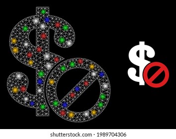 Glowing mesh web forbidden dollar with multicolored light dots. Constellation vector framework created from forbidden dollar icon. Sparkle constellation wired forbidden dollar, on a black backgound.