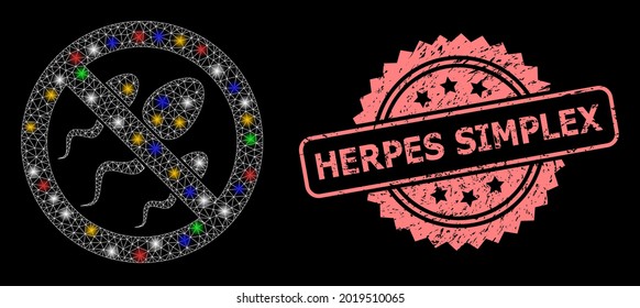 Glowing mesh web forbidden sperm with glowing spots, and Herpes Simplex grunge rosette stamp. Illuminated vector mesh created from forbidden sperm icon.