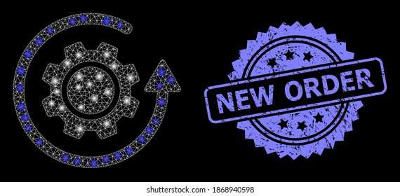 Glowing mesh web gear rotation with light spots, and New Order grunge rosette seal print. Illuminated vector constellation created from gear rotation icon.