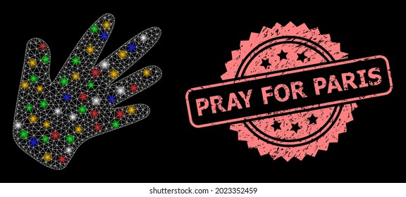 Glowing mesh web hand with bright dots, and Pray for Paris rubber rosette stamp seal. Illuminated vector mesh created from hand pictogram. Pink stamp seal includes Pray for Paris title inside rosette.
