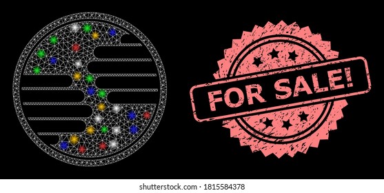 Glowing mesh web hands circle with glowing spots, and For Sale! rubber rosette seal imitation. Illuminated vector model created from hands circle symbol.