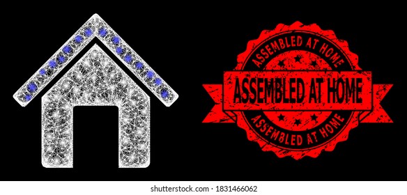 Glowing mesh web home with glowing spots, and Assembled at Home grunge ribbon seal. Red seal has Assembled at Home text inside ribbon. Illuminated vector model created from home icon with white mesh.