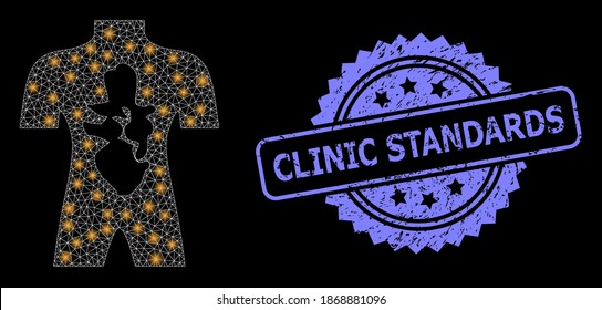 Glowing mesh web human anatomy with light spots, and Clinic Standards grunge rosette stamp. Illuminated vector model created from human anatomy icon.