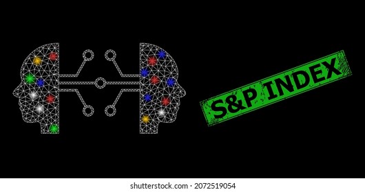 Glowing mesh web human network links with multi colored glowing spots, and grunge S and P Index seal stamp. Green stamp contains S and P Index title inside framed rectangle.