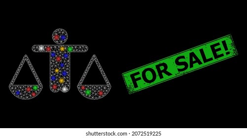 Juez de tela de malla brillante con manchas de luz multicolores y sello de sello de sello de grunge For Sale. El sello verde incluye la etiqueta For Sale dentro del rectángulo enmarcado. Carcasa vectorial iluminada creada a partir del icono del juez.