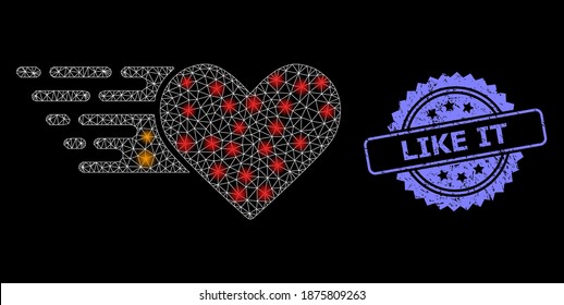 Glowing mesh web love heart with glowing spots, and Like It grunge rosette seal imitation. Illuminated vector model created from love heart icon. Blue stamp seal includes Like It text inside rosette.