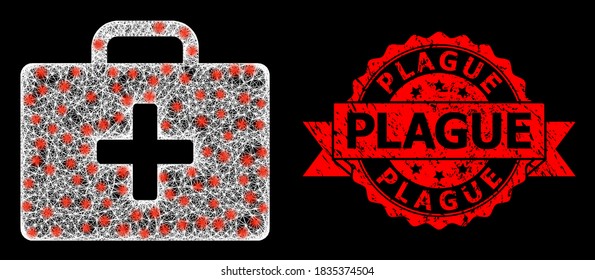 Glowing mesh web medical kit case with glowing spots, and Plague unclean ribbon stamp seal. Red seal has Plague tag inside ribbon.