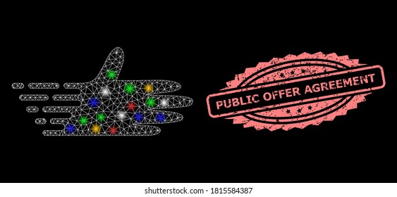 Glühende Maschendraht mit leichten Punkten und Public Offer Agreement strukturierte Rosette-Stempelsiegel. Leuchtende Vektorkonstellation, die aus bewegten Handzeichen erstellt wurde.