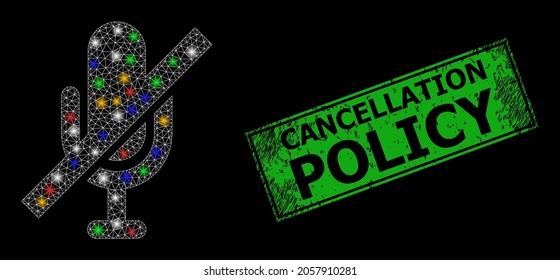 Glowing mesh web mute with multicolored flash nodes, and grunge Cancellation Policy seal stamp. Green stamp seal contains Cancellation Policy caption inside framed rectangle.