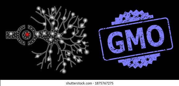 Glowing mesh web neuron digital interface with glowing spots, and GMO corroded rosette stamp seal. Illuminated vector model created from neuron digital interface icon.