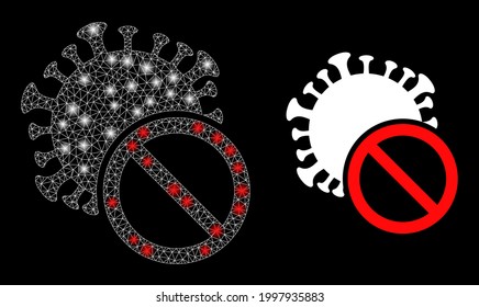 Glowing mesh web no Covid virus with glowing spots. Illuminated vector model created from no Covid virus icon with white mesh. Sparkle frame mesh polygonal no Covid virus.