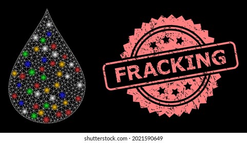 Glowing mesh web oil drop with glowing spots, and Fracking corroded rosette seal imitation. Illuminated vector mesh created from oil drop pictogram. Pink seal has Fracking caption inside rosette.