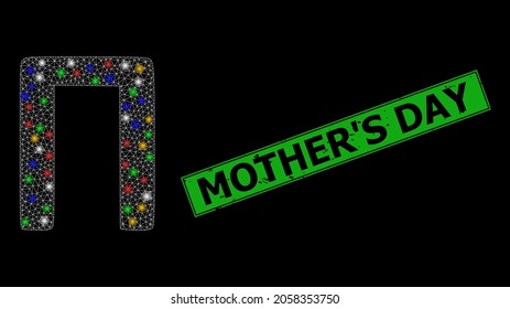 Glowing mesh web Pi Greek symbol with multicolored lightspots, and grunge Mother'S Day seal stamp. Green stamp seal includes Mother'S Day title inside framed rectangle.