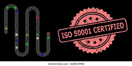 Glowing mesh web pipe with glowing spots, and ISO 50001 Certified scratched rosette seal imitation. Illuminated vector structure created from pipe pictogram.