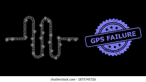 Glowing mesh web pipeline with glowing spots, and GPS Failure unclean rosette seal. Illuminated vector constellation created from pipeline icon. Blue seal contains GPS Failure text inside rosette.