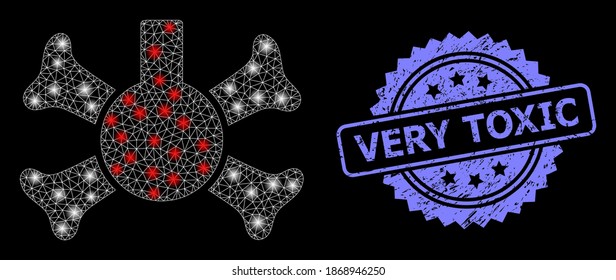 Glowing mesh web poison flask with light spots, and Very Toxic corroded rosette stamp seal. Illuminated vector model created from poison flask icon.
