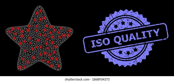 Glowing mesh web red star with lightspots, and ISO Quality scratched rosette seal imitation. Illuminated vector constellation created from red star icon.