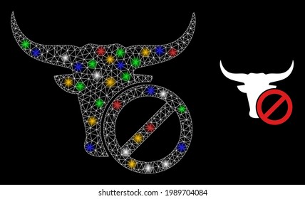 Glowing mesh web reject beef with vibrant glowing spots. Constellation vector carcass created from reject beef icon. Sparkle carcass mesh reject beef, on a black backgound.