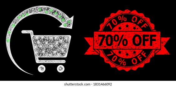 Glowing mesh web repeat shopping order with glowing spots, and 70% Off grunge ribbon stamp. Red stamp has 70% Off caption inside ribbon.