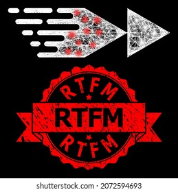 La red de malla brillante se rebobina hacia adelante con manchas brillantes, y el sello de cinta rasgada Rtfm. El sello rojo tiene la etiqueta Rtfm dentro de la cinta.