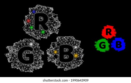 Glowing mesh web RGB colors with vibrant lightspots. Constellation vector model created from RGB colors icon. Sparkle constellation mesh RGB colors, on a black backgound.