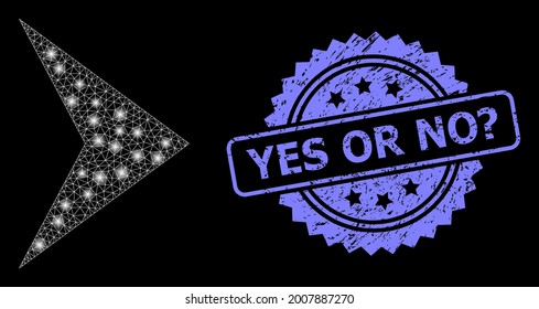 Glowing mesh web right direction with glowing spots, and Yes or No Question textured rosette seal. Illuminated vector constellation created from right direction icon.