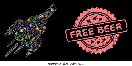 Glowing mesh web rocket wine bottle with light dots, and Free Beer textured rosette seal. Illuminated vector mesh created from rocket wine bottle icon. Pink seal has Free Beer tag inside rosette.