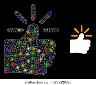 Glowing mesh web shining thumb with colored lightspots. Constellation vector carcass created from shining thumb icon. Sparkle carcass mesh shining thumb, on a black backgound.