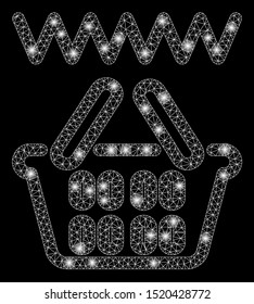 Glowing mesh web shop basket with sparkle effect. Abstract illuminated model of web shop basket icon. Shiny wire carcass polygonal mesh web shop basket. Vector abstraction on a black background.