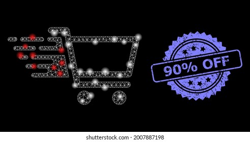 Carro de tienda web de malla brillante con manchas brillantes, y 90 por ciento sin sellos rosette limpios. Constelación vectorial iluminada creada a partir del icono del carro de taller. El sello de sello azul tiene el 90% de texto desactivado dentro