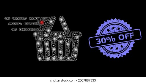 Glühender Netz-Einkaufskorb mit leuchtenden Flecken, und 30% Aus unreinem Rosette Stempel-Siegel. Illuminiertes Vektormodell, das aus dem Warenkorbsymbol erstellt wurde. Blue Stempel hat 30 % Rabatt-Text