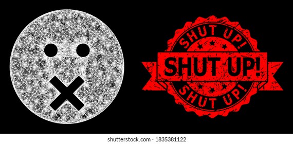 Glowing mesh web silence smiley with glowing spots, and Shut Up! rubber ribbon seal print. Red stamp includes Shut Up! caption inside ribbon.