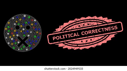 Glowing mesh web silence smiley with glowing spots, and Political Correctness rubber rosette seal. Illuminated vector constellation created from silence smiley pictogram.