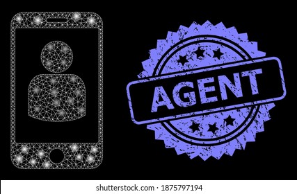 Glowing mesh web smartphone user with glowing spots, and Agent textured rosette stamp. Illuminated vector model created from smartphone user icon. Blue stamp contains Agent caption inside rosette.