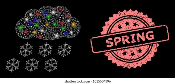 Glowing mesh web snow cloud with glowing spots, and Spring grunge rosette seal. Illuminated vector structure created from snow cloud symbol. Pink stamp seal includes Spring title inside rosette.