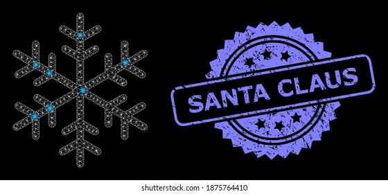 Glowing mesh web snowflake with glowing spots, and Santa Claus dirty rosette seal print. Illuminated vector model created from snowflake icon. Blue stamp contains Santa Claus caption inside rosette.