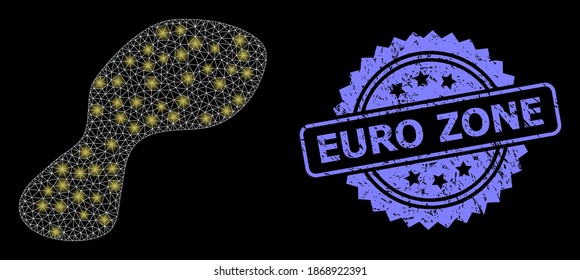 Glowing mesh web spot with light spots, and Euro Zone rubber rosette seal imitation. Illuminated vector constellation created from spot icon. Blue stamp seal includes Euro Zone title inside rosette.