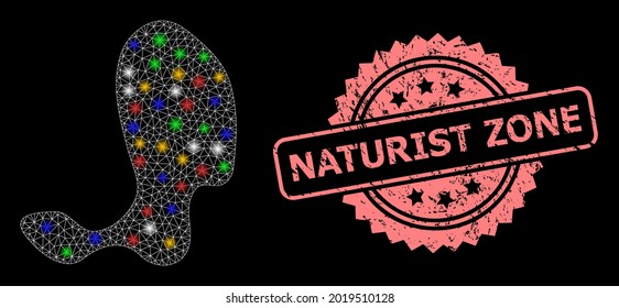Glowing mesh web spot with glowing spots, and Naturist Zone scratched rosette seal print. Illuminated vector mesh created from spot symbol. Pink seal contains Naturist Zone caption inside rosette.
