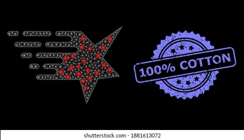 Estrella de la red de malla brillante con manchas brillantes, y sello de rosette sucio de algodón 100%. Modelo vectorial iluminado creado a partir del icono estrella. El sello azul contiene 100% de algodón en rosette